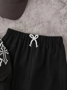 SHEIN 2件組青少年男孩時尚黑色運動衫與黑色慢跑褲套裝，正面與袖子白色圖案印花，時尚個性穿搭，舒適易穿，適合春秋季，校園與戶外穿著，男孩必備2件套裝 - 黑色 - 查看 11
