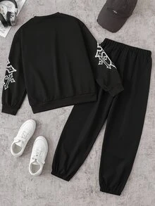 SHEIN 2件組青少年男孩時尚黑色運動衫與黑色慢跑褲套裝，正面與袖子白色圖案印花，時尚個性穿搭，舒適易穿，適合春秋季，校園與戶外穿著，男孩必備2件套裝 - 黑色 - 查看 2