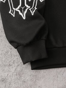 SHEIN 2件組青少年男孩時尚黑色運動衫與黑色慢跑褲套裝，正面與袖子白色圖案印花，時尚個性穿搭，舒適易穿，適合春秋季，校園與戶外穿著，男孩必備2件套裝 - 黑色 - 查看 8