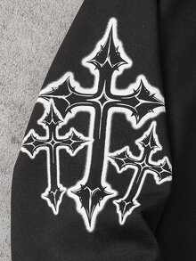 SHEIN 2件組青少年男孩時尚黑色運動衫與黑色慢跑褲套裝，正面與袖子白色圖案印花，時尚個性穿搭，舒適易穿，適合春秋季，校園與戶外穿著，男孩必備2件套裝 - 黑色 - 查看 6