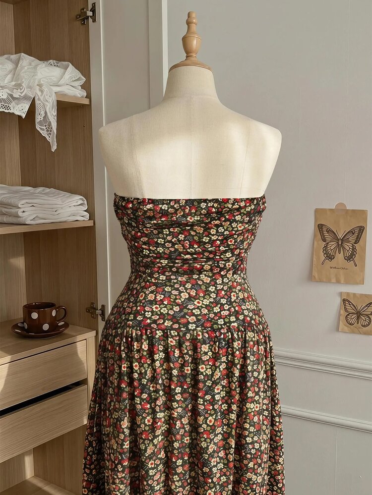Comfortcana Plus Size Vacation Casual Boho Ditsy Floral Strapless Dress Vacation Chocolate Brown Summer - Multicolor - View 2