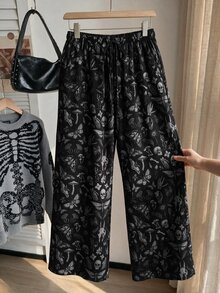 Comfortcana 大尺碼女款春夏全印花休閒百搭日常旅行長褲 - 黑色 - 查看 3