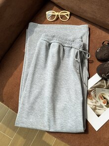 Comfortcana Plus Size Low Waist Drawstring Loose Straight Leg Sweatpants - Grey - View 5