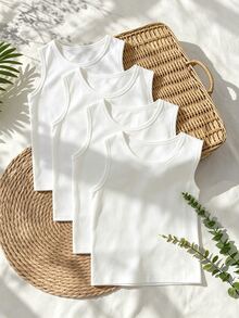 4pcs/Set Young Boy Simple Solid Color Comfortable Sleeveless Undershirts Autumn Fall - White - View 1