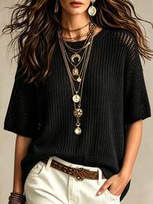 Resyla Plus Size Regular Crew Neck Short Sleeve Knit Top - Black - View 1
