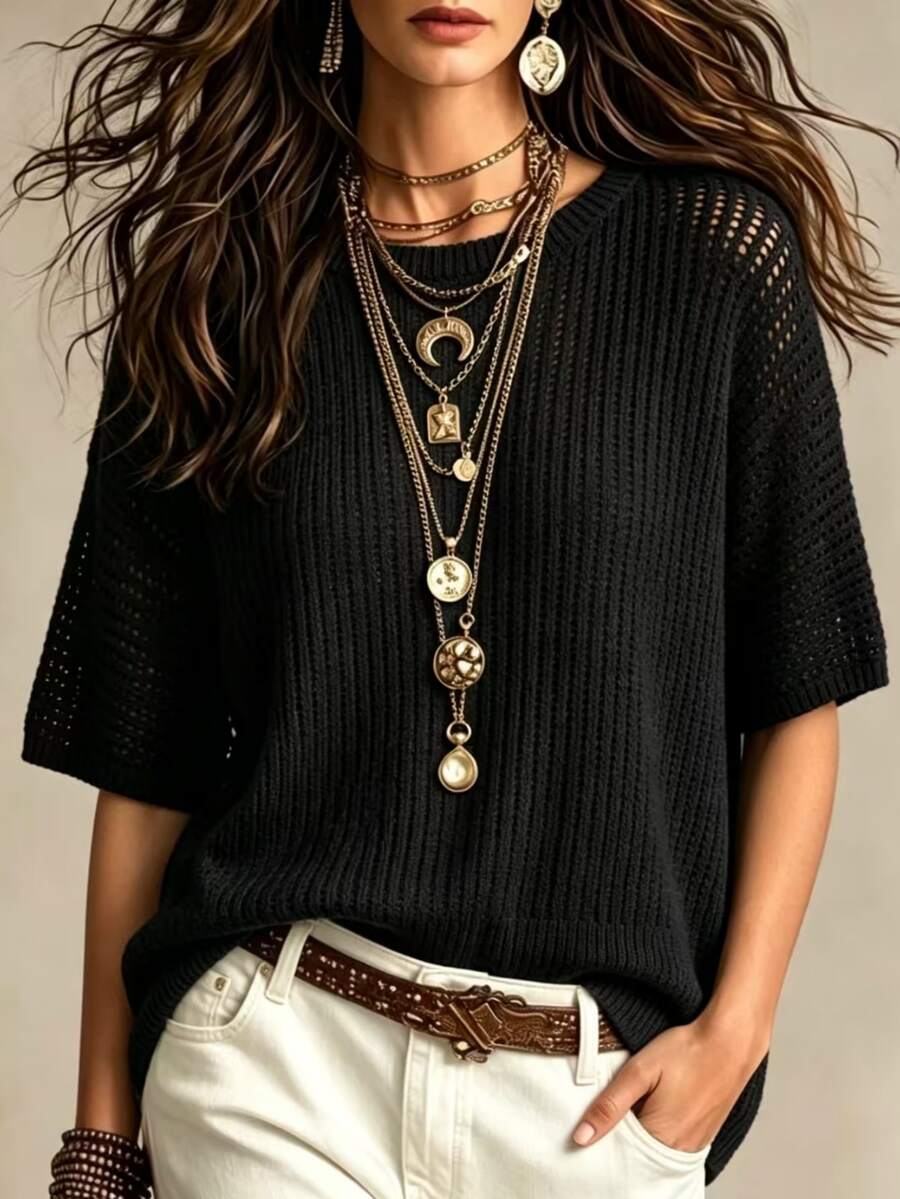 Resyla Plus Size Regular Crew Neck Short Sleeve Knit Top - Black - View 1