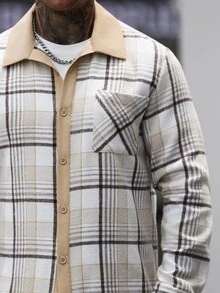 Manfinity Homme Men's Mature Casual Plaid Patchwork Long Sleeve Shacket - Apricot - View 6