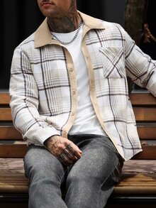 Manfinity Homme Men's Mature Casual Plaid Patchwork Long Sleeve Shacket - Apricot - View 3