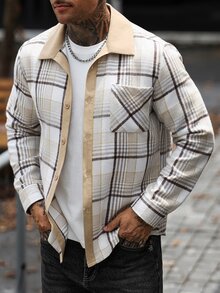 Manfinity Homme Men's Mature Casual Plaid Patchwork Long Sleeve Shacket - Apricot - View 4