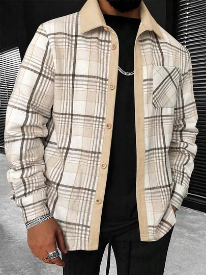 Manfinity CasualCool Men's Mature Casual Plaid Patchwork Long Sleeve Shacket