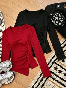 Sparklyn 2pcs Teen Girl Solid Color Minimalist Casual Round Neck Long Sleeve Ribbed Knit Fabric T‑Shirts, Ruched Side Split Slim Fit Basic Tops, Fall - Black - View 3