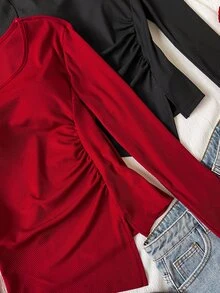 Sparklyn 2pcs Teen Girl Solid Color Minimalist Casual Round Neck Long Sleeve Ribbed Knit Fabric T‑Shirts, Ruched Side Split Slim Fit Basic Tops, Fall - Black - View 4