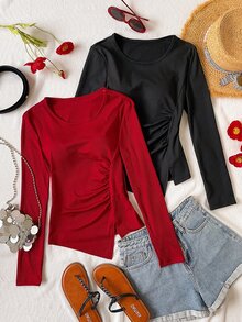 Sparklyn 2pcs Teen Girl Solid Color Minimalist Casual Round Neck Long Sleeve Ribbed Knit Fabric T‑Shirts, Ruched Side Split Slim Fit Basic Tops, Fall - Black - View 1