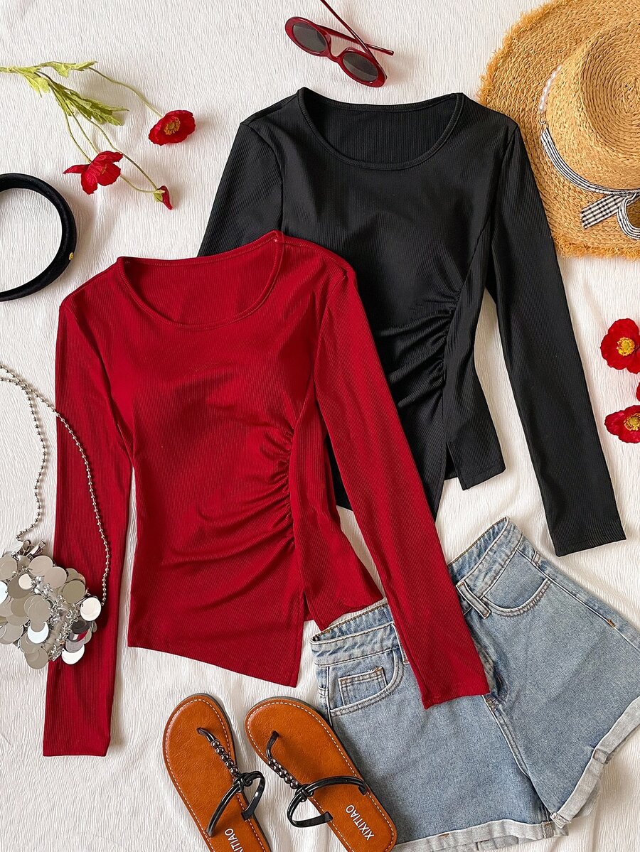 Sparklyn 2pcs Teen Girl Solid Color Minimalist Casual Round Neck Long Sleeve Ribbed Knit Fabric T‑Shirts, Ruched Side Split Slim Fit Basic Tops, Fall - Black - View 1