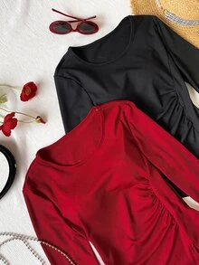 Sparklyn 2pcs Teen Girl Solid Color Minimalist Casual Round Neck Long Sleeve Ribbed Knit Fabric T‑Shirts, Ruched Side Split Slim Fit Basic Tops, Fall - Black - View 5