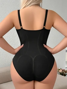 SHEIN 1 件女士加大码无缝塑身衣一体式紧身衣，腰腹部瘦身，按扣裆部，可外穿 - 黑色 - 查看 4