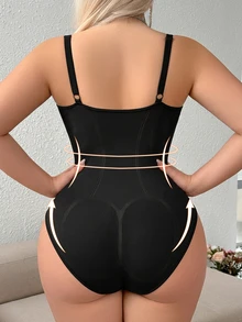 SHEIN 1 件女士加大码无缝塑身衣一体式紧身衣，腰腹部瘦身，按扣裆部，可外穿 - 黑色 - 查看 2