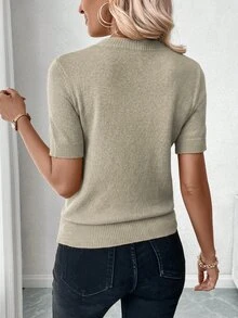 SHEIN Women's Solid Color Round Neck Short Sleeve Ribbed Trim Knit Top - Khaki - View 4
