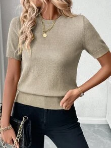 SHEIN Women's Solid Color Round Neck Short Sleeve Ribbed Trim Knit Top - Khaki - View 6