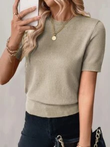 SHEIN Women's Solid Color Round Neck Short Sleeve Ribbed Trim Knit Top - Khaki - View 3