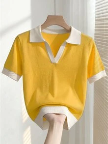 Franclia 女款春夏對比色學院風 Polo 領短袖休閒修身針織上衣，日常校園穿搭，白色與黃色 - 黃色 - 查看 4