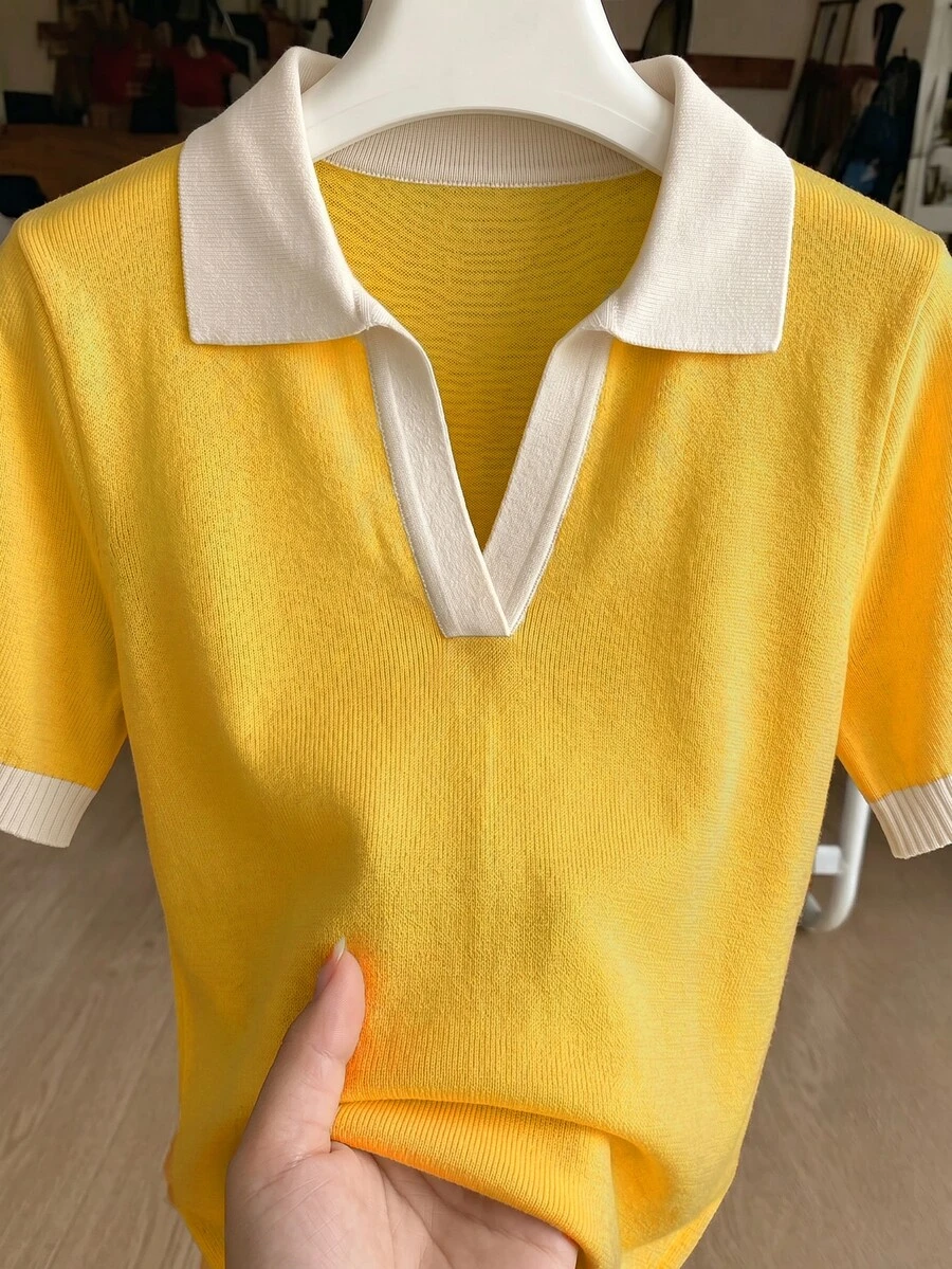 Franclia 女款春夏對比色學院風 Polo 領短袖休閒修身針織上衣,日常校園穿搭,白色與黃色 - 黃色 - 查看 1