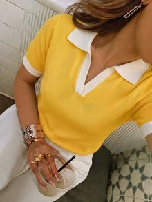 Franclia 女款春夏對比色學院風 Polo 領短袖休閒修身針織上衣，日常校園穿搭，白色與黃色 - 黃色 - 查看 3