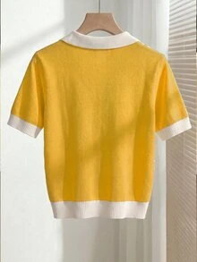 Franclia 女款春夏對比色學院風 Polo 領短袖休閒修身針織上衣，日常校園穿搭，白色與黃色 - 黃色 - 查看 2