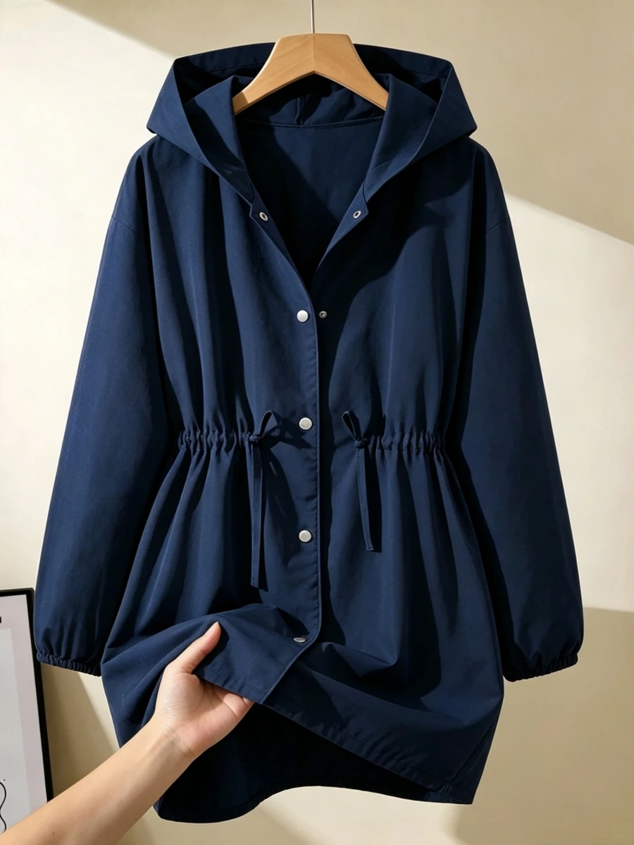 SHEIN Sparklyn Teen Girl Drawstring Waist Hooded Jacket, Button‑Front Lightweight Windbreaker, Casual Commuter Fall Winter Daily Outerwear - Navy Blue - View 1