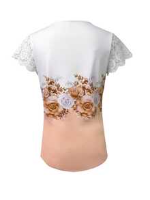 EMERY ROSE Plus Size Women's Floral Print Lace Patchwork T-Shirt,Casual Elegant V-Neck Short Sleeve White Shirt For Curvy Women - Multicolor - View 2