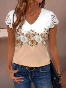 EMERY ROSE Plus Size Women's Floral Print Lace Patchwork T-Shirt,Casual Elegant V-Neck Short Sleeve White Shirt For Curvy Women - Multicolor - View 1