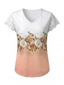 EMERY ROSE Plus Size Women's Floral Print Lace Patchwork T-Shirt,Casual Elegant V-Neck Short Sleeve White Shirt For Curvy Women - Multicolor - View 4