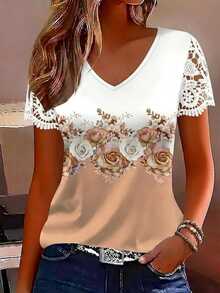 EMERY ROSE Plus Size Women's Floral Print Lace Patchwork T-Shirt,Casual Elegant V-Neck Short Sleeve White Shirt For Curvy Women - Multicolor - View 3