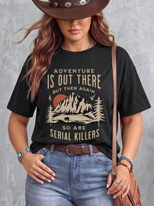 EMERY ROSE Women's Adventure Is Out There,But Then Again,So Are Serial Killers Graphic T-Shirt,Teal Summer Casual Vacation Relaxed Fit Mountain & Tree Tee - Black - View 3