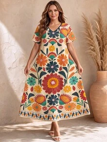 EMERY ROSE Plus Size Boho Floral Print V-Neck Short Sleeve Maxi Dress,Beige Summer Vacation Holiday Comfy Flowy Vintage Resort Wear Women's Dresses - Multicolor - View 3