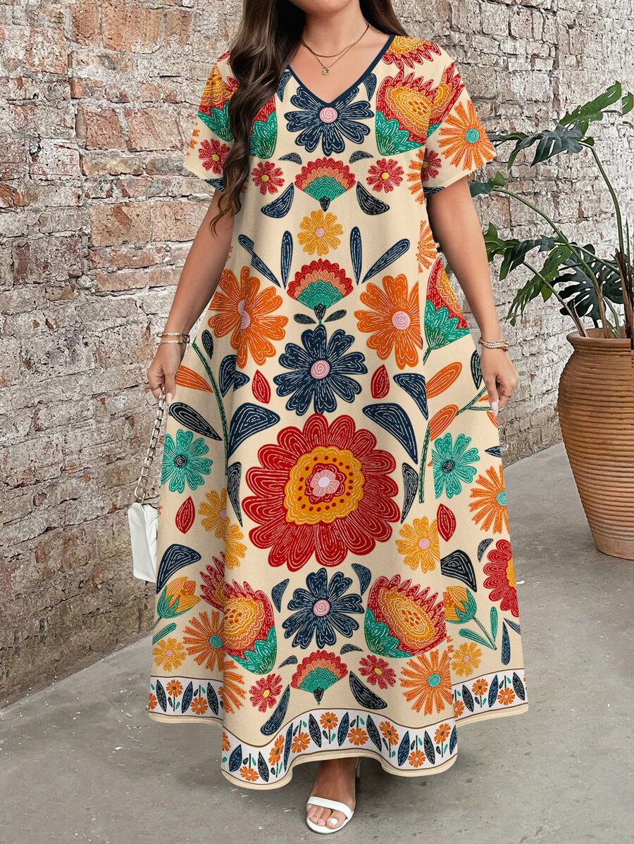 EMERY ROSE Plus Size Boho Floral Print V-Neck Short Sleeve Maxi Dress,Beige Summer Vacation Holiday Comfy Flowy Vintage Resort Wear Women's Dresses - Multicolor - View 1