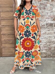 EMERY ROSE Plus Size Boho Floral Print V-Neck Short Sleeve Maxi Dress,Beige Summer Vacation Holiday Comfy Flowy Vintage Resort Wear Women's Dresses - Multicolor - View 6