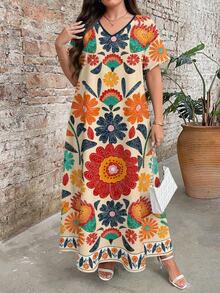 EMERY ROSE Plus Size Boho Floral Print V-Neck Short Sleeve Maxi Dress,Beige Summer Vacation Holiday Comfy Flowy Vintage Resort Wear Women's Dresses - Multicolor - View 7