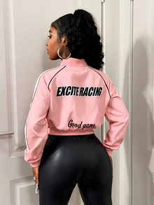 BamGleam Women's Letter Print Long Sleeve Zip-Up Baseball Jacket - Pink - View 3