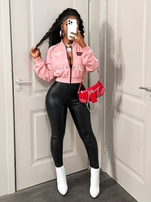 BamGleam Women's Letter Print Long Sleeve Zip-Up Baseball Jacket - Pink - View 8