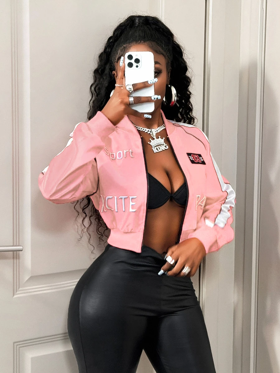 BamGleam Women's Letter Print Long Sleeve Zip-Up Baseball Jacket