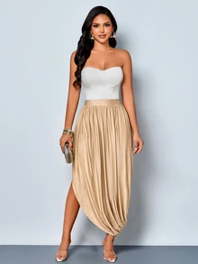SOLERSUN Women's Autumn High-End Waist-Cinched Asymmetrical Hem Ruched Gold Bodycon Skirt Wedding Miami Vacation Dinner Bar Party Elegant Sexy - Khaki - View 4