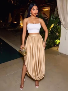 SOLERSUN Women's Autumn High-End Waist-Cinched Asymmetrical Hem Ruched Gold Bodycon Skirt Wedding Miami Vacation Dinner Bar Party Elegant Sexy - Khaki - View 5