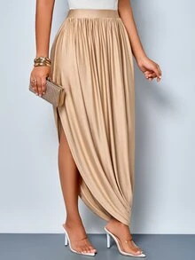 SOLERSUN Women's Autumn High-End Waist-Cinched Asymmetrical Hem Ruched Gold Bodycon Skirt Wedding Miami Vacation Dinner Bar Party Elegant Sexy - Khaki - View 9