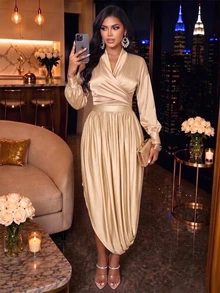 SOLERSUN Women's Autumn High-End Waist-Cinched Asymmetrical Hem Ruched Gold Bodycon Skirt Wedding Miami Vacation Dinner Bar Party Elegant Sexy - Khaki - View 10