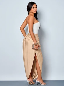SOLERSUN Women's Autumn High-End Waist-Cinched Asymmetrical Hem Ruched Gold Bodycon Skirt Wedding Miami Vacation Dinner Bar Party Elegant Sexy - Khaki - View 2