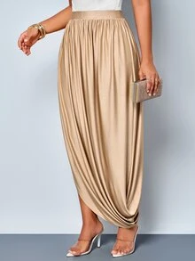 SOLERSUN Women's Autumn High-End Waist-Cinched Asymmetrical Hem Ruched Gold Bodycon Skirt Wedding Miami Vacation Dinner Bar Party Elegant Sexy - Khaki - View 7