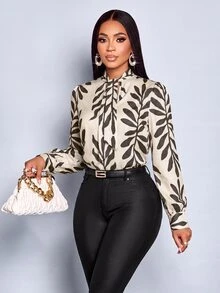 SOLERSUN Women's Autumn/Winter Elegant Modest Casual Bowtie Long Sleeve Blouse Suitable For Office Business Commute Black And White Leopard Print - Apricot - View 11