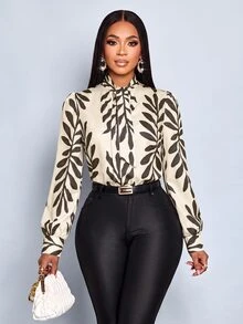 SOLERSUN Women's Autumn/Winter Elegant Modest Casual Bowtie Long Sleeve Blouse Suitable For Office Business Commute Black And White Leopard Print - Apricot - View 7