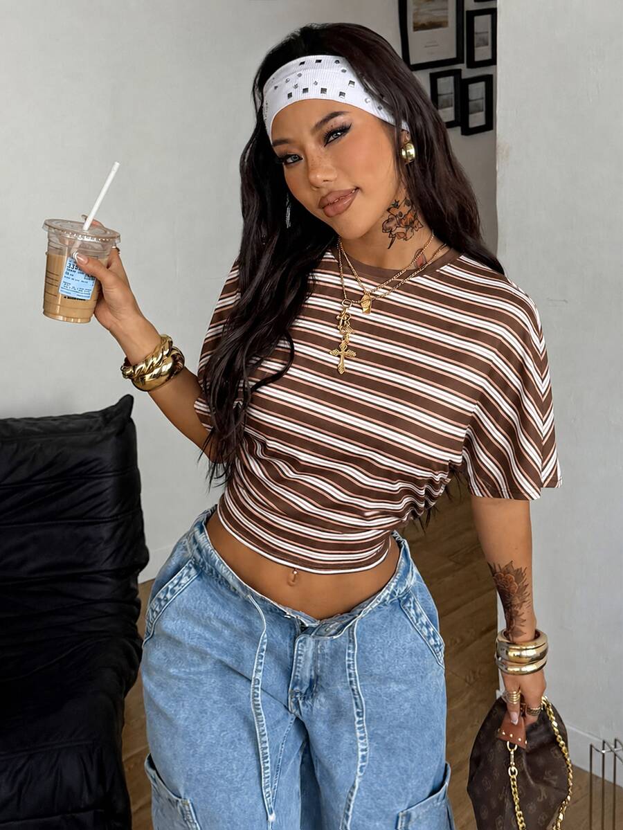Coolane Women's Summer Minimalist Y2K Basic Daily Wear Casual Back To School Streetwear Stretchy White Loose Ruched Crop Tees - Coffee Brown - View 1